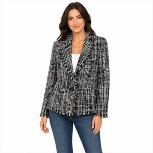 Vintage Tweed Fringe Blazer Methode Size 6 Black White  Jacket Career Preppy